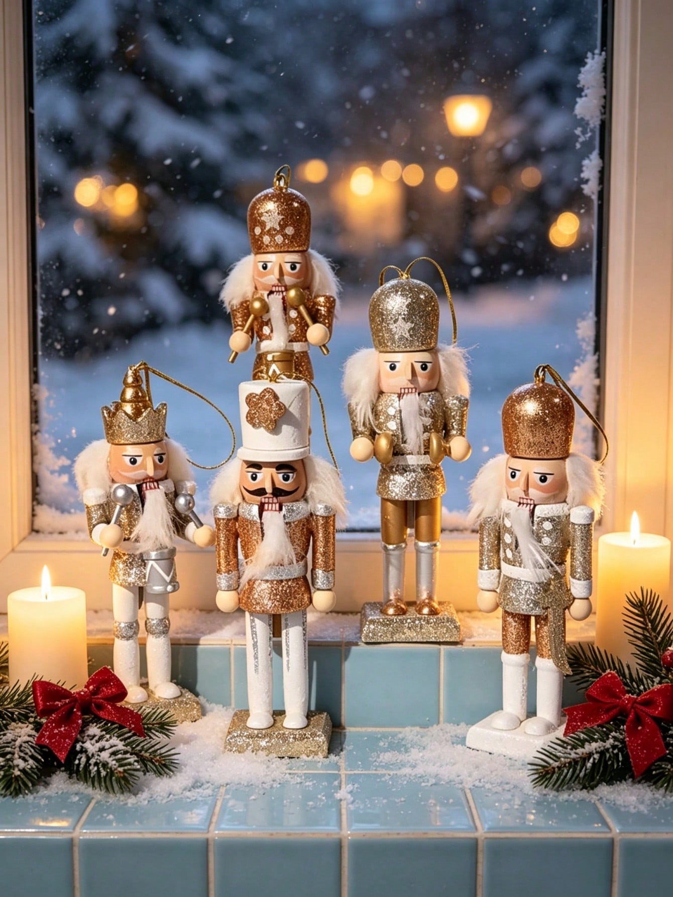 Nutcracker Figurine - 5 adet Şampanya Altın Rengi Simli